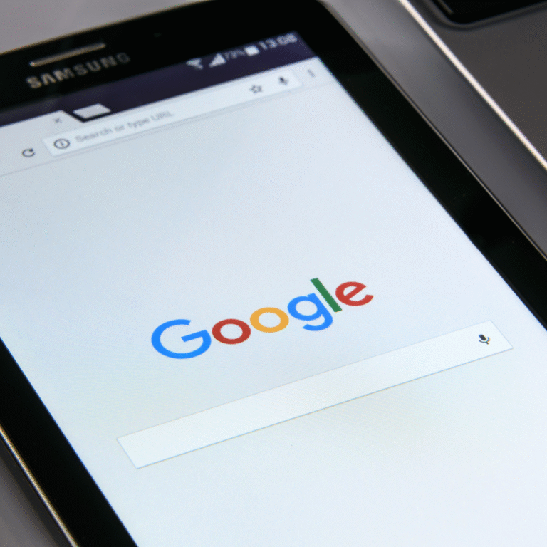 Samsung tablet displaying Google homepage with search bar.