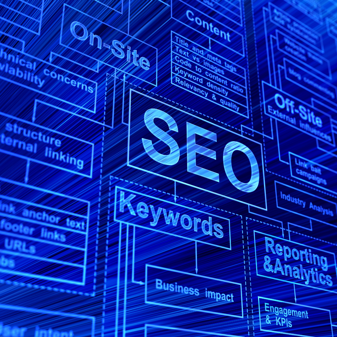 Digital illustration showing complex SEO concepts, including content, keywords, and on-site optimisation, in a futuristic design.
